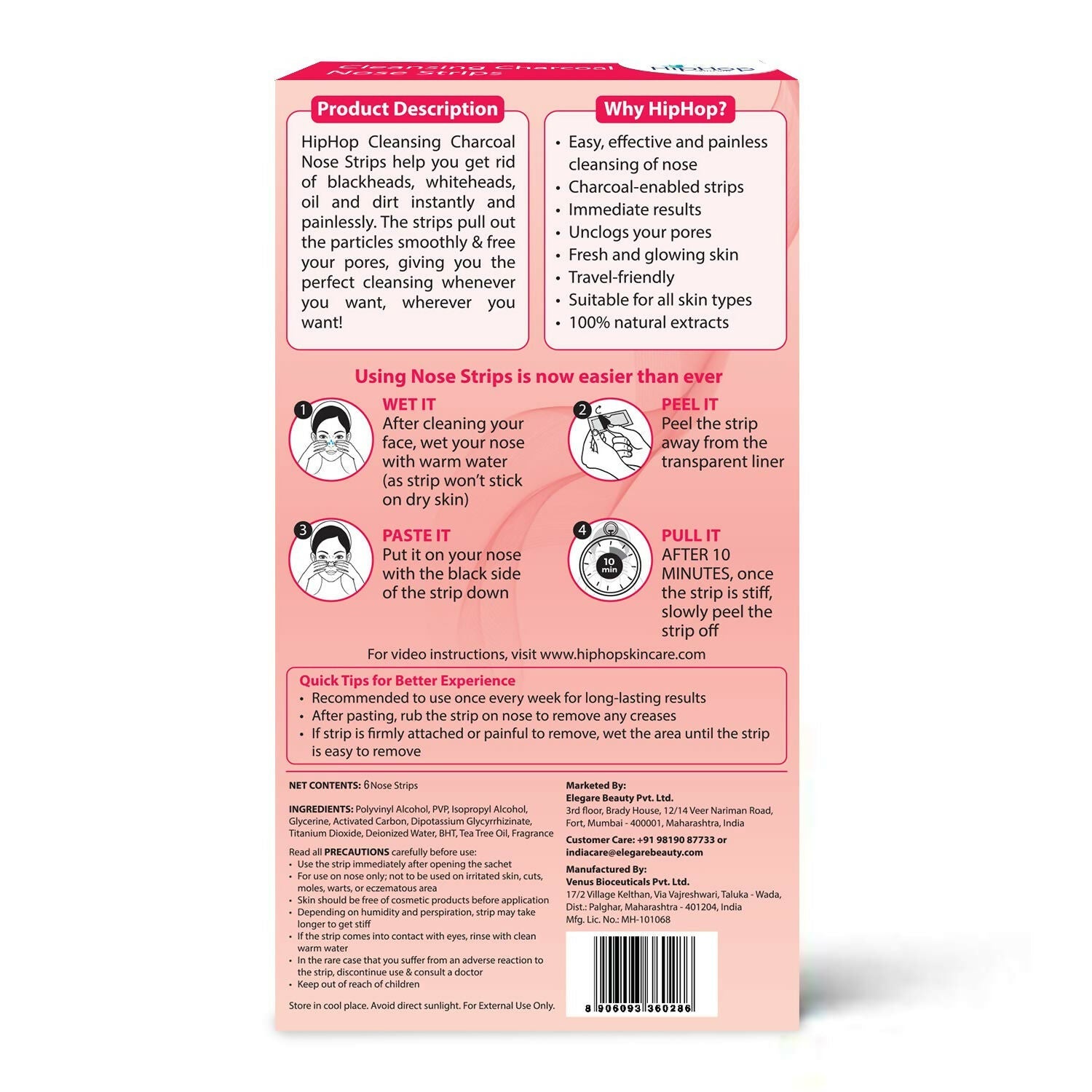 HipHop Skin Care Cleansing Charcoal Nose Strips For Blackheads, Whiteheads Remover, Pore Cleanser, with Natural Extracts | Grocsy