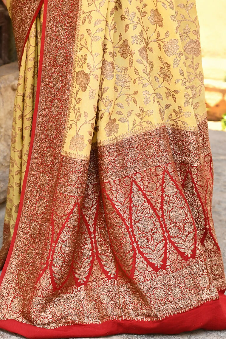 Joban Fashion Yellow Crepe Chiffon Pure Handloom Banarasi Silk Saree | Grocsy