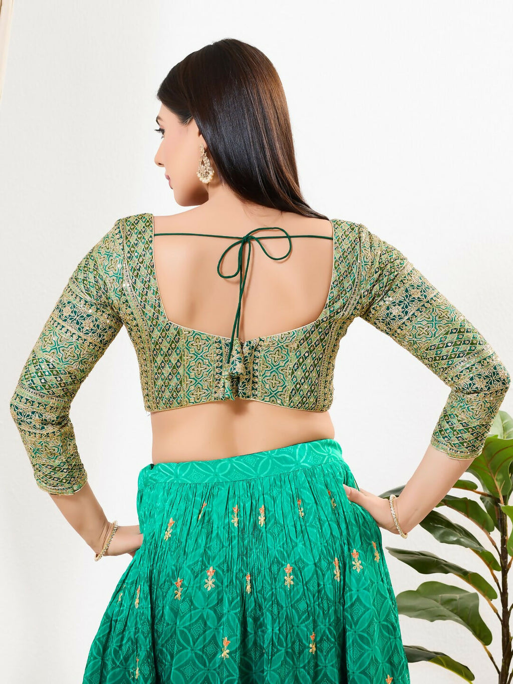 Joban Fashion Green Multi Silk Padded Blouse With Sweetheart Neck 3/4 Sleeves | Grocsy