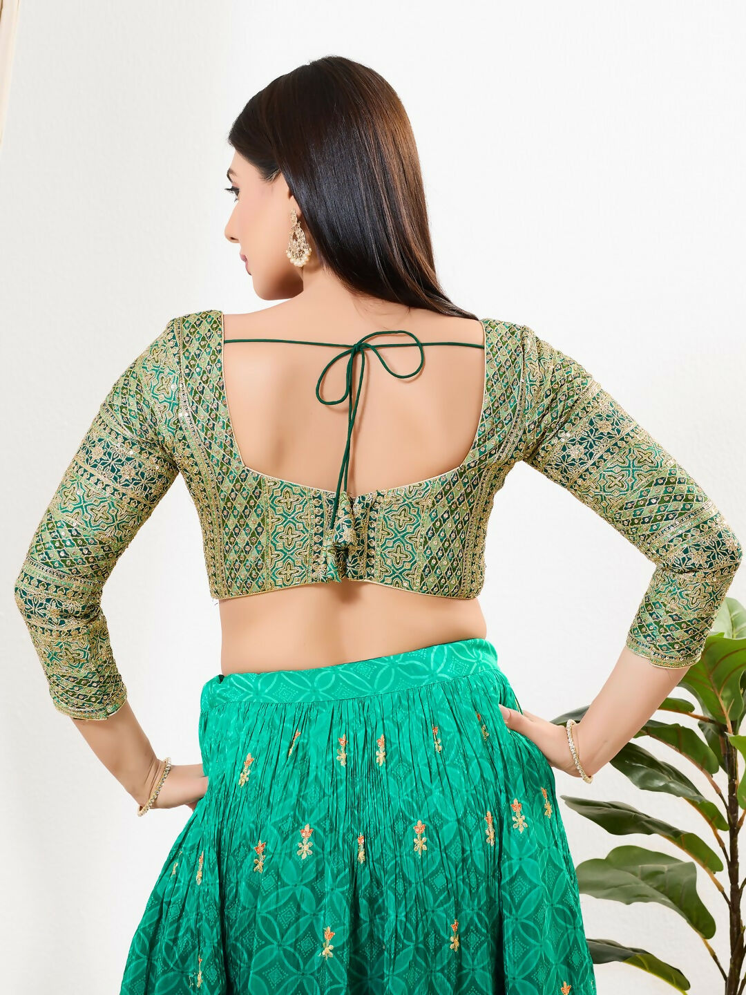 Joban Fashion Green Multi Silk Padded Blouse With Sweetheart Neck 3/4 Sleeves | Grocsy