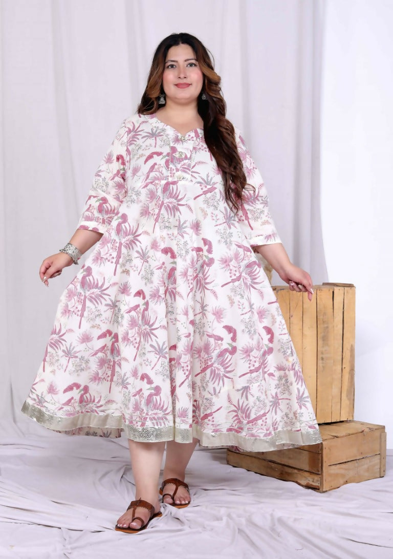 Miravan Women's Plus Size Pink Cotton Gota and Lace Border Birds and Leaf Floral Printed Anarkali Kurta | Grocsy