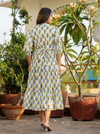Kaajh Women's White-Yellow Ethnic Floral Hand Block Print Cotton Dress | Grocsy