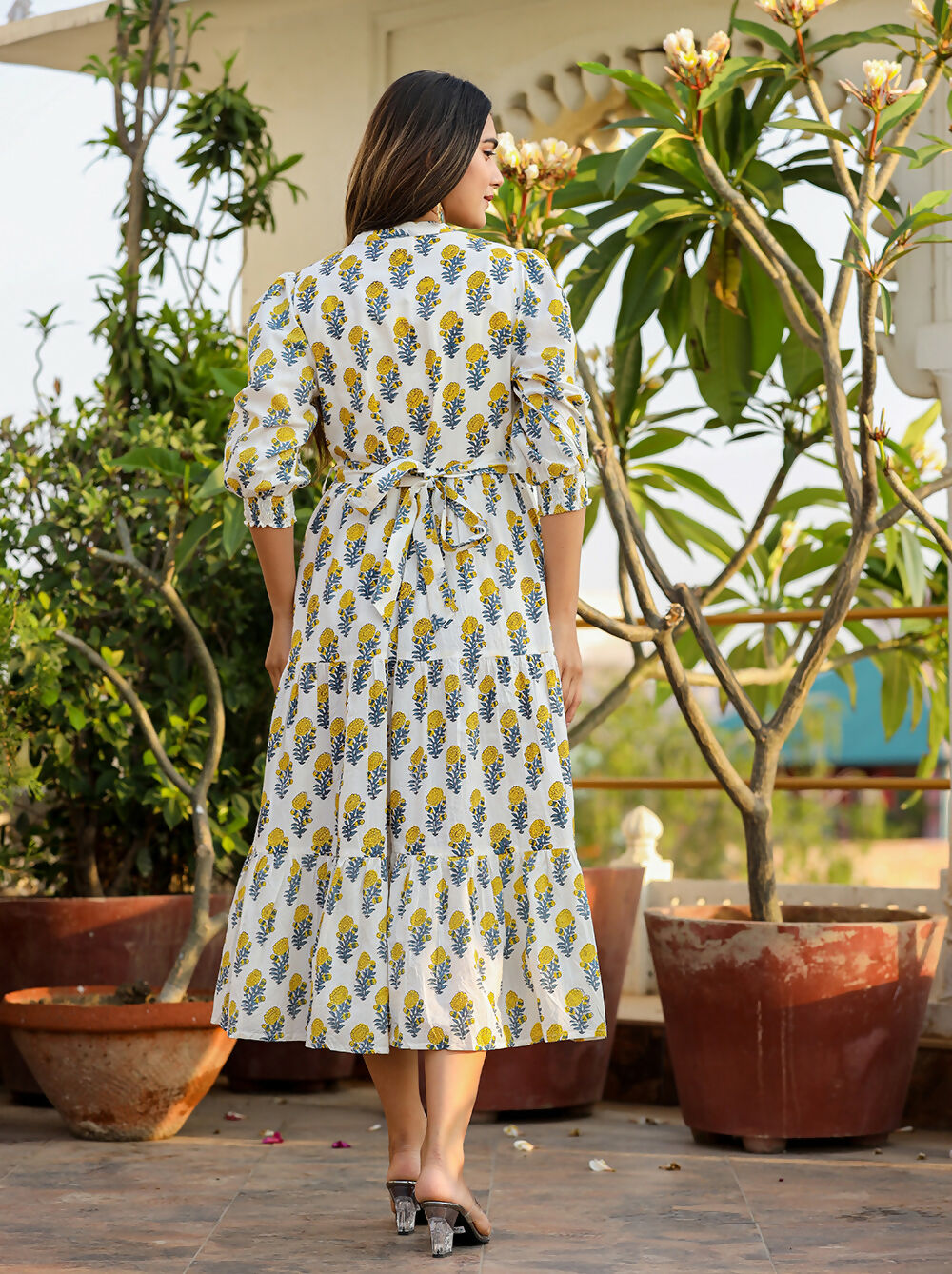 Kaajh Women's White-Yellow Ethnic Floral Hand Block Print Cotton Dress | Grocsy