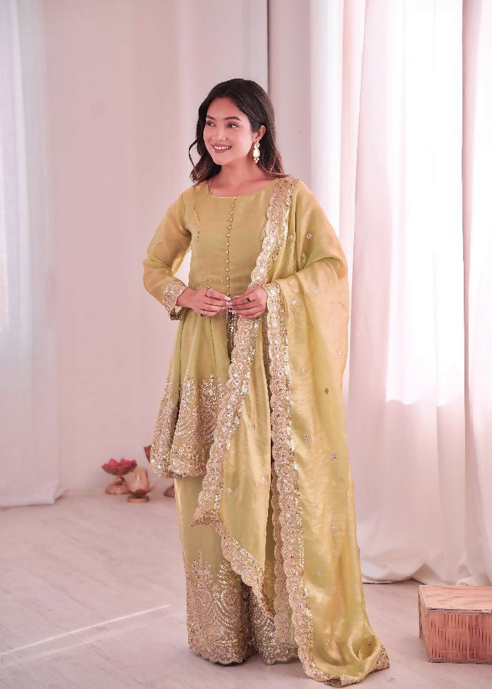 Teeya Creation Pista Color Fendy Satin Silk Embroidery Work Party Wear Salwar Suit | Grocsy