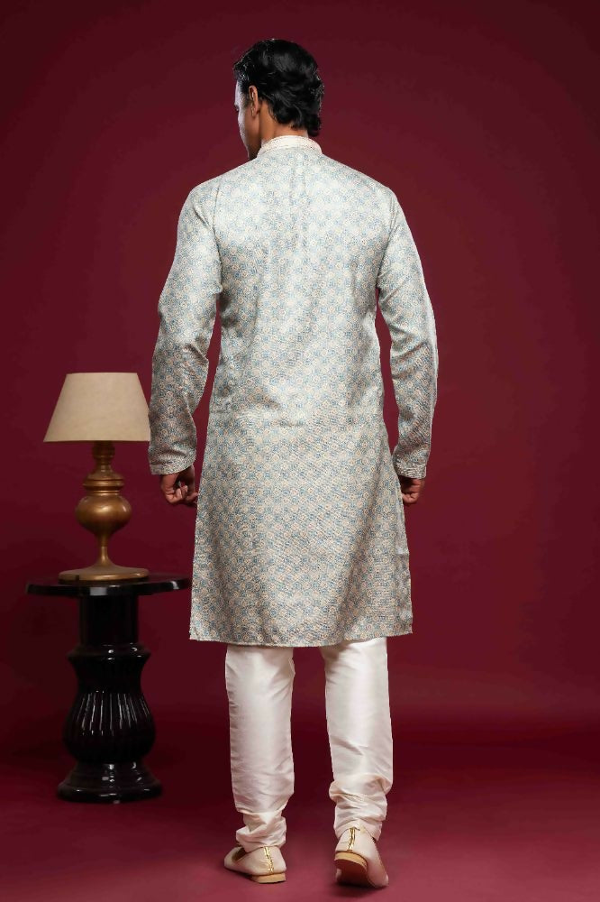 Raivat Ethnic Art Silk Digital Print Pintux Work Kurta Pajama In Sky Blue Colour | Grocsy