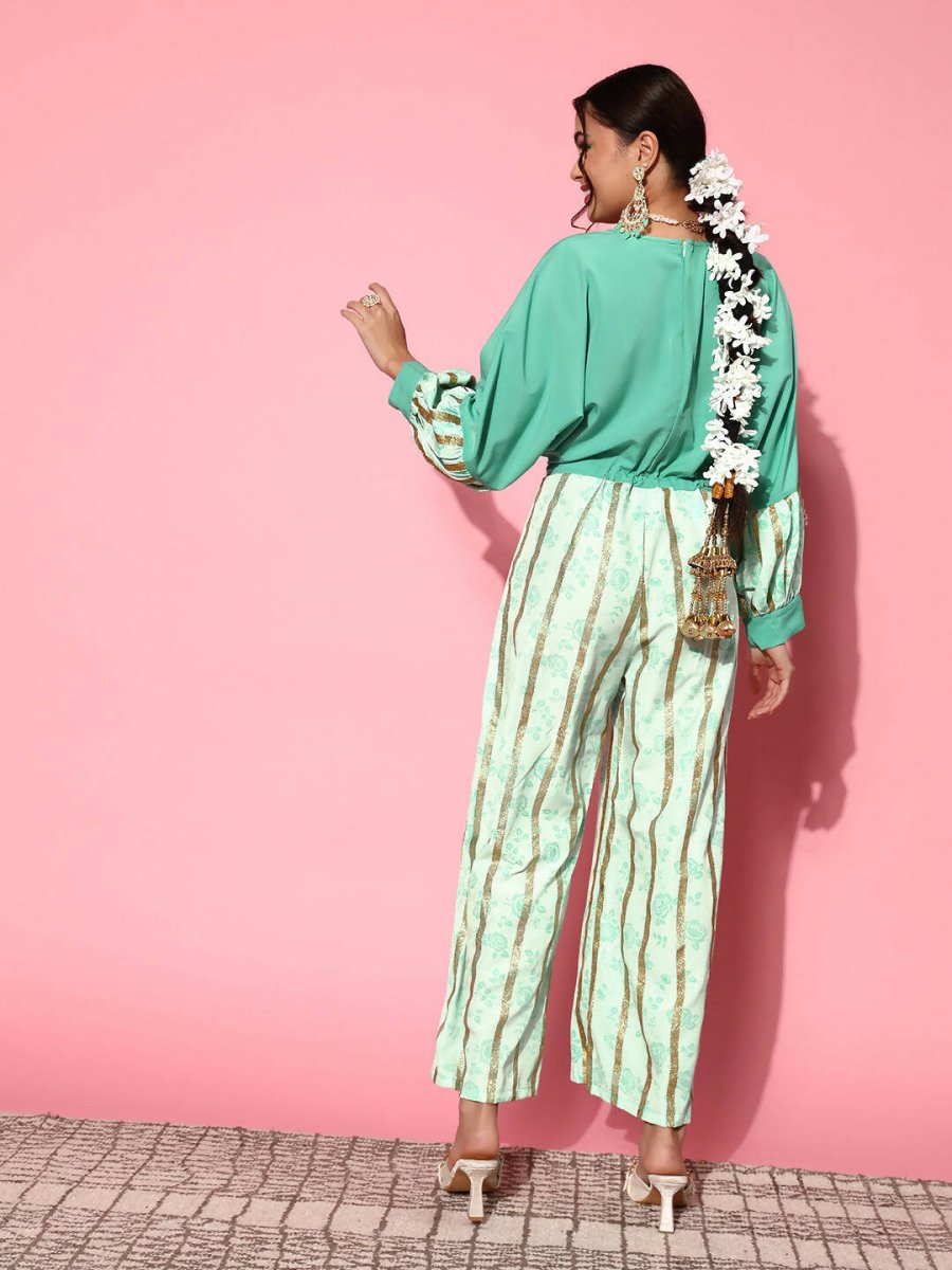 Ahalyaa Women Gorgeous Green Printed Once Upon a Sleeve Jumpsuit | Grocsy