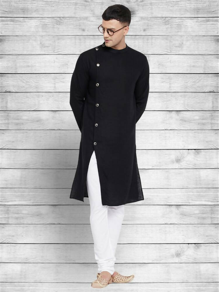 Even Apparels Black Cotton Linen Asymetrical Kurta - Black | Grocsy