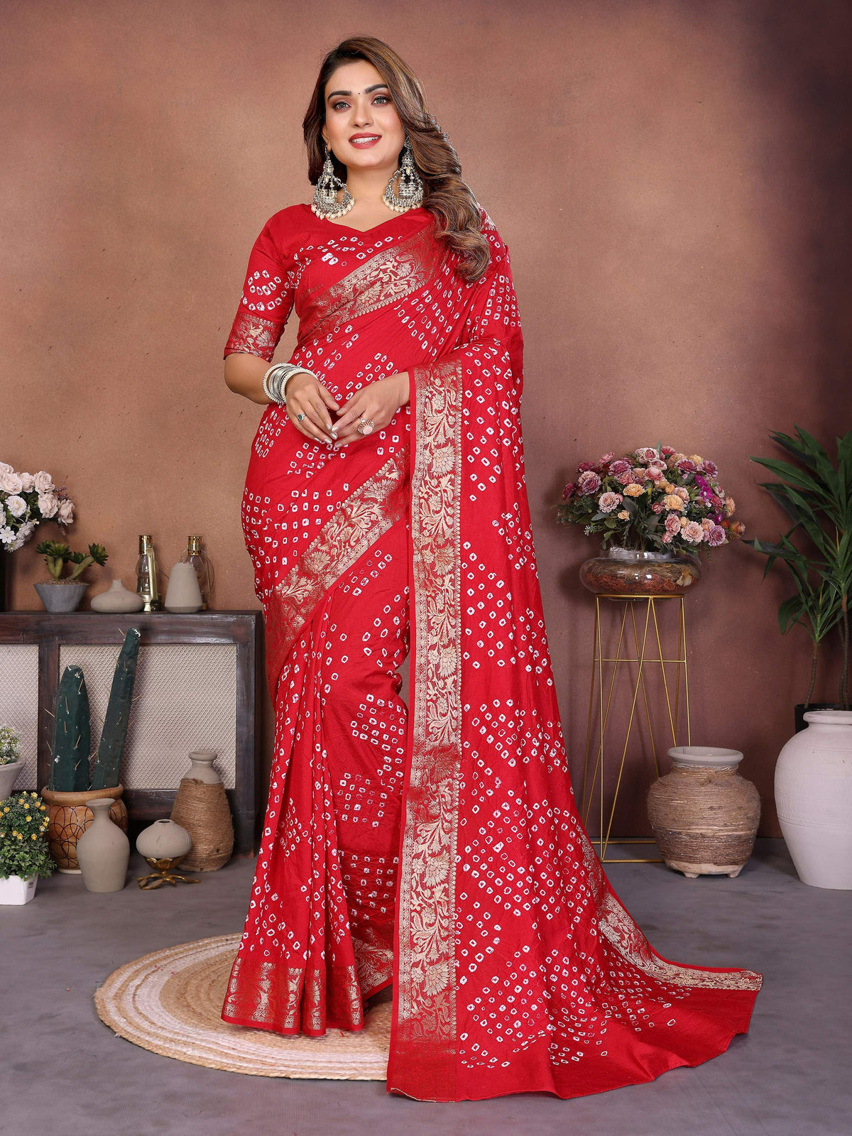 Aastha Fashion Red Pure Dola Silk Handmade Original Bandhej Saree | Grocsy