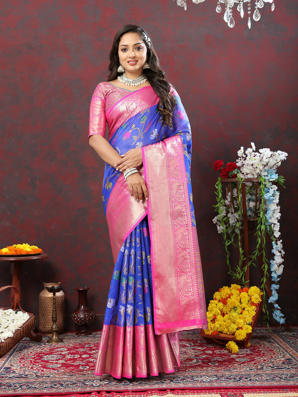 Lorenvalley Fashion Blue Cotton Woven Design Zari Meenakari Weaving Saree | Grocsy