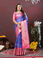 Lorenvalley Fashion Blue Cotton Woven Design Zari Meenakari Weaving Saree | Grocsy