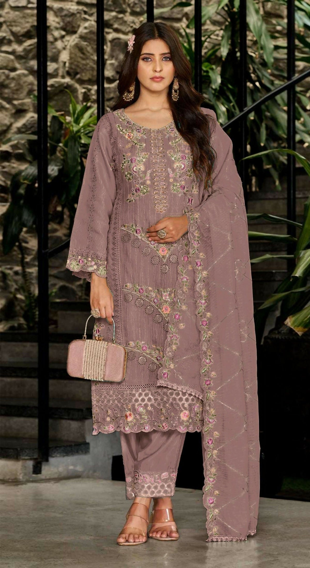 Anaita Peach Fox Georgette Stitched Suit with Embroidery Sequins & Khatli Work | Grocsy