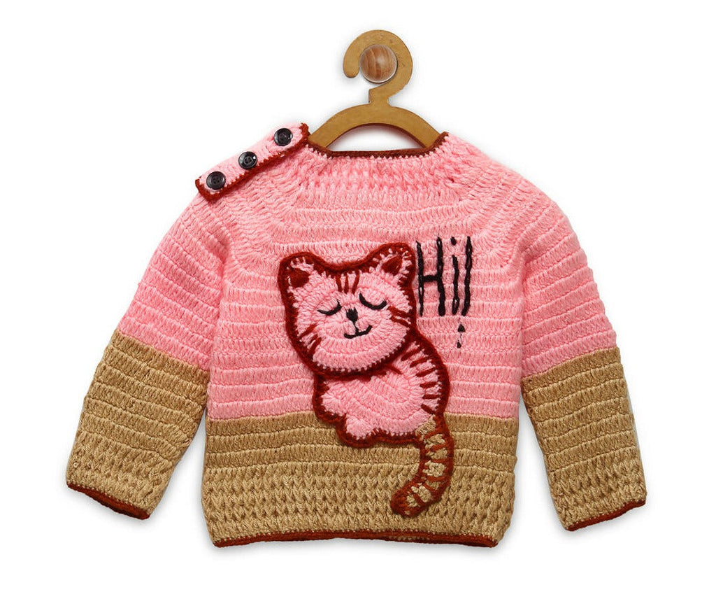Chutput Kids Pink Kitty Design Solid Pullover Sweater | Grocsy