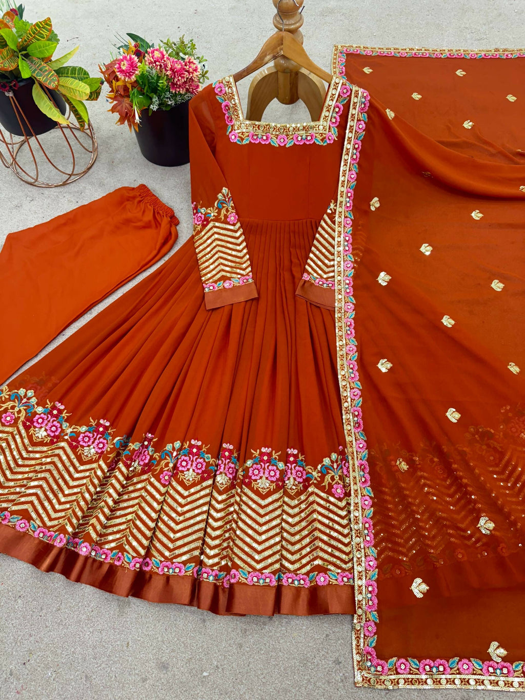 Prazu Fashion Orange Georgette Embroidered Sequence Anarkali Suit | Grocsy