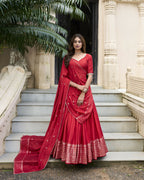 Lorenvalley Red Pure Chanderi Plain With Zari Weaving Work Border Lehenga Choli | Grocsy