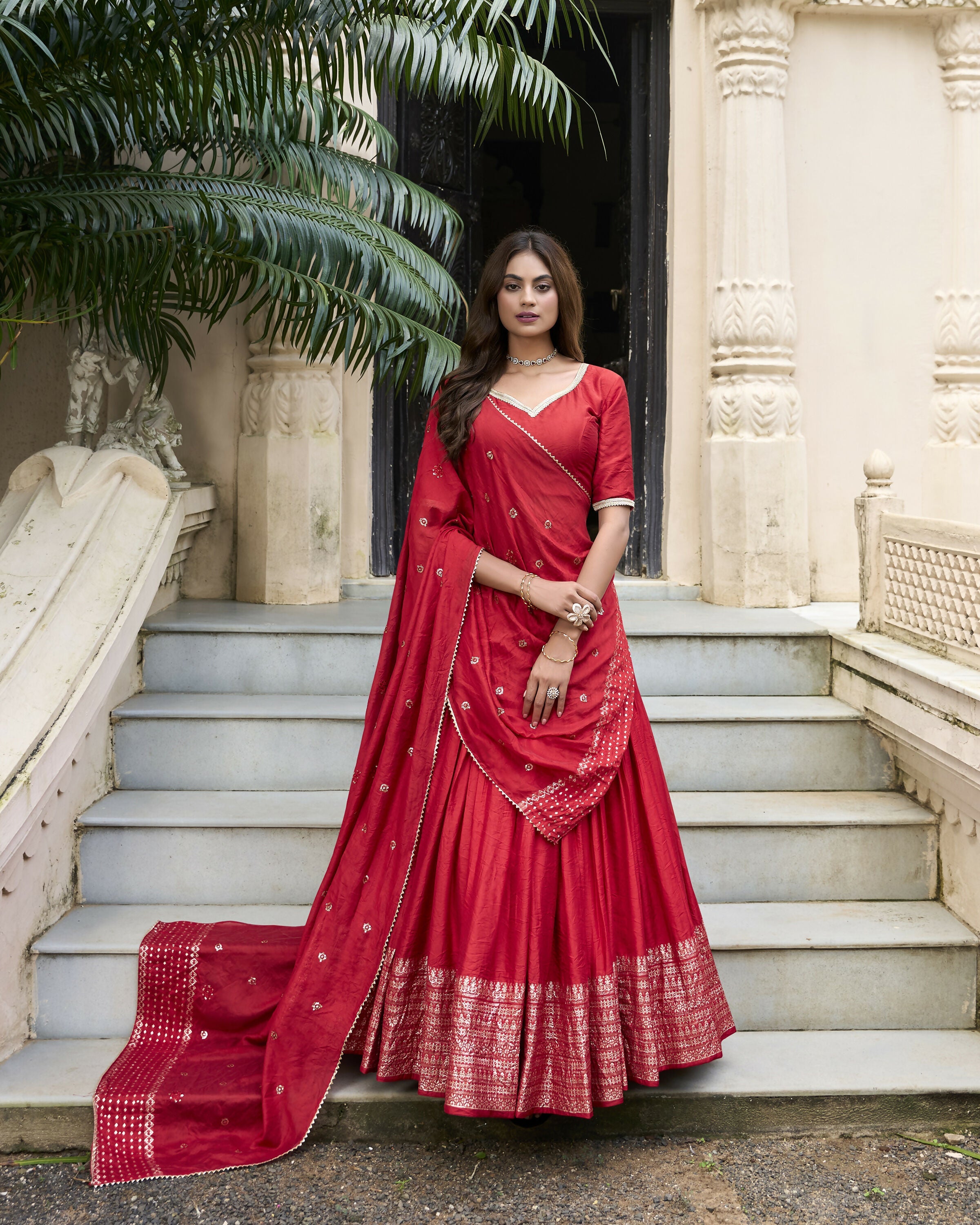 Lorenvalley Red Pure Chanderi Plain With Zari Weaving Work Border Lehenga Choli | Grocsy