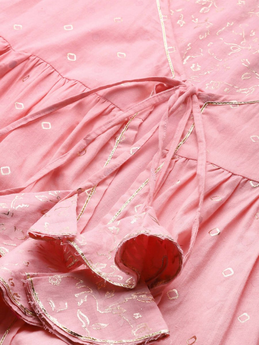 Ahalyaa Pink & Gold Ethnic Printed Layered Front Slit Cotton Anarkali Kurta Palazzos | Grocsy