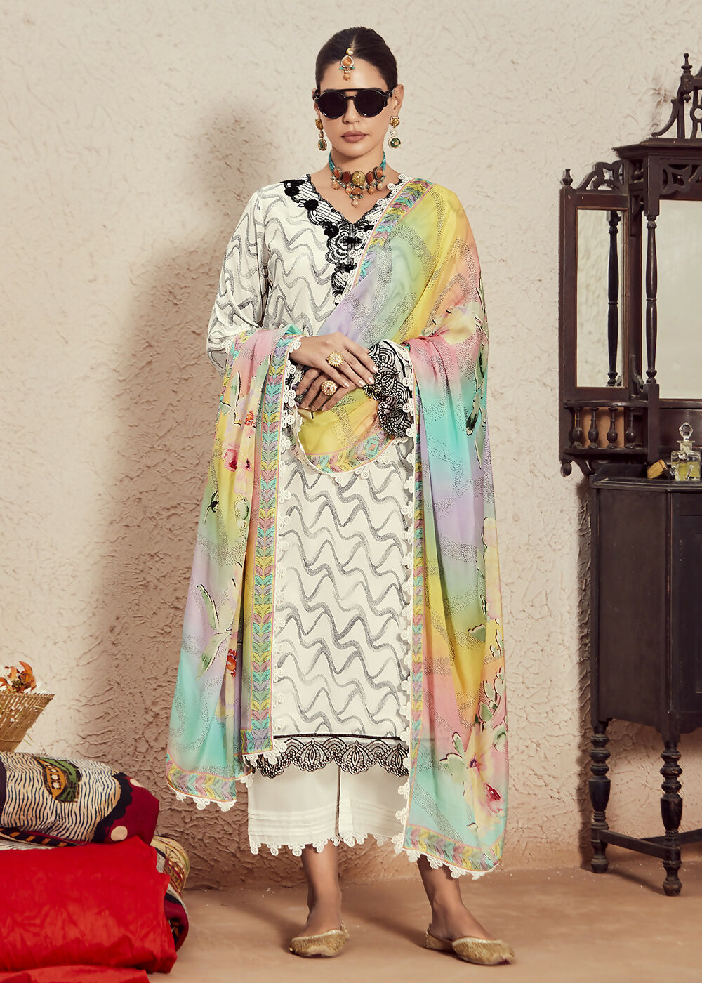 Muslin Cotton Off White Digital Print & Embroidered Salwar Suit - Emponline | Grocsy