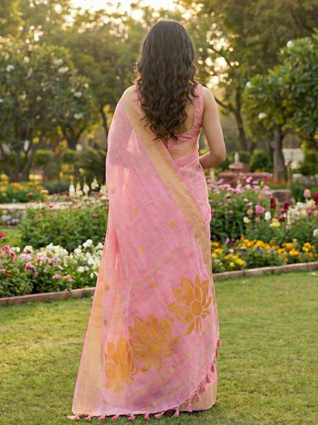 Shree Shyam Fashion Pink Linen Cotton Saree | Grocsy