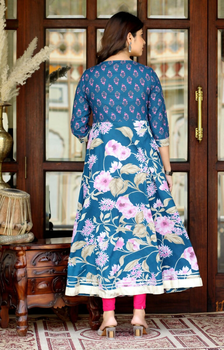 Miravan Women's Jaipuri Flower Printed Blue Anarkali Kurta With Beautiful Border Details | Grocsy