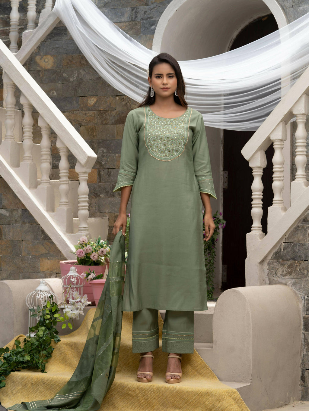 Green Roman Silk Plain Kurta with Pant & Dupatta - Disha | Grocsy