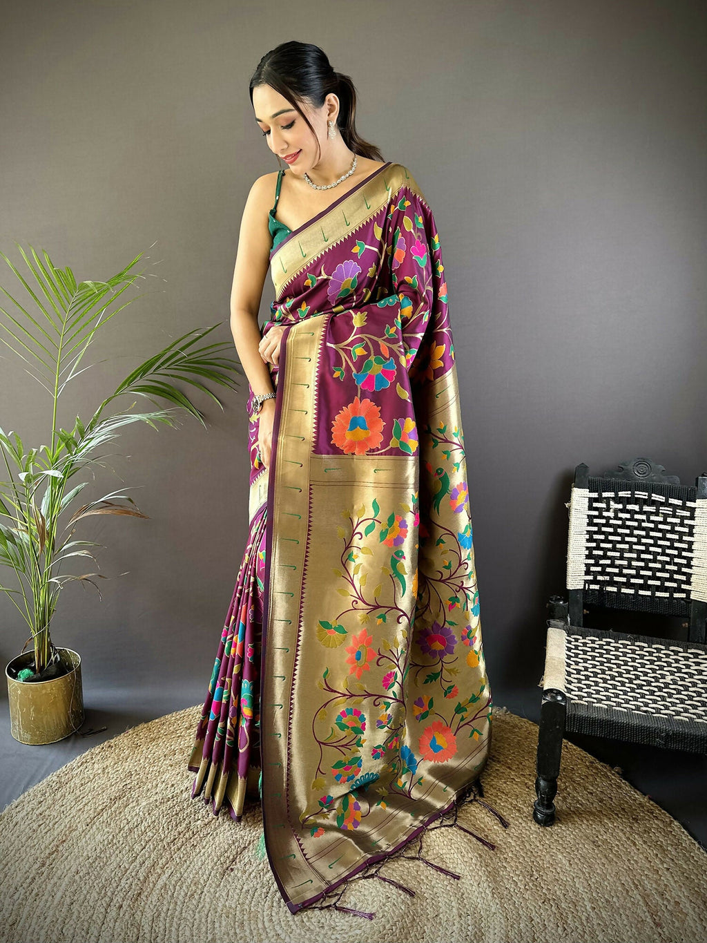 Joban Fashion Wine Zari Woven Floral Motifs Soft Silk Paithani Silk Saree | Grocsy