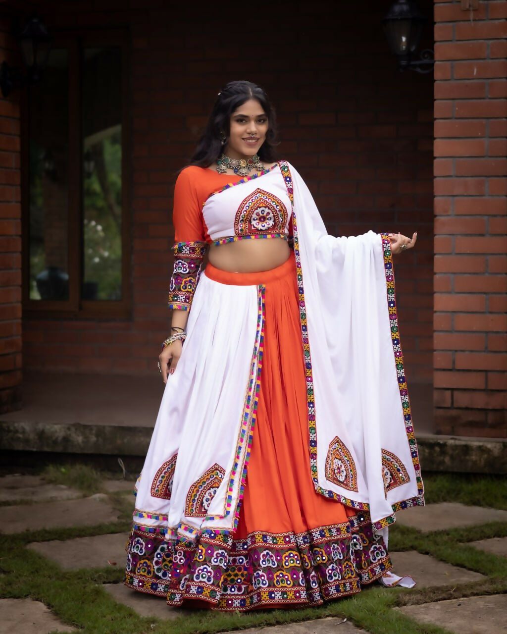 Yash Enterprise Orange Rayon Cotton Embroidery Semi Stitched Navratri Top Chaniya Choli | Grocsy