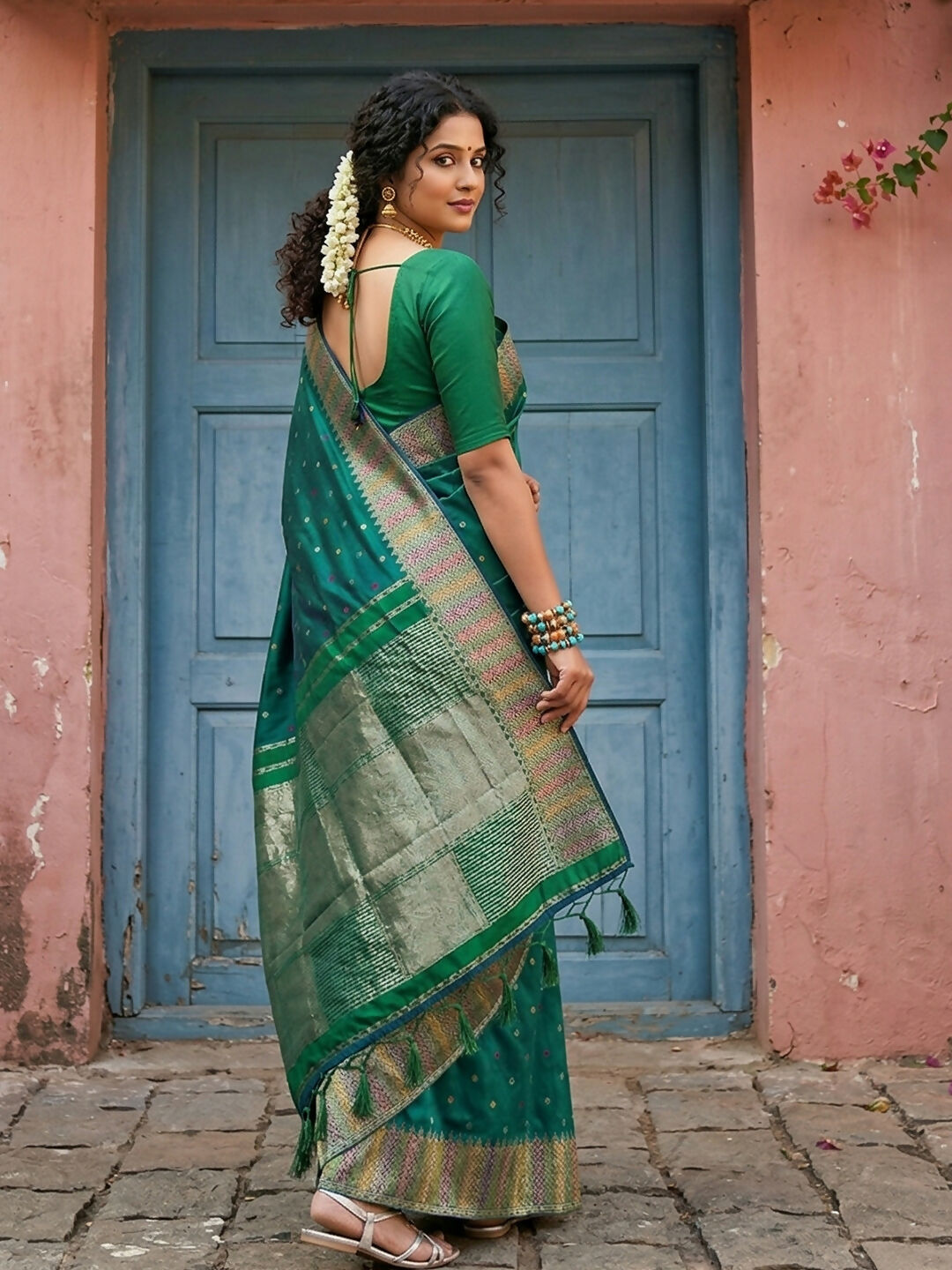 Shree Shyam Fashion Dark Green Silk Blend Saree | Grocsy