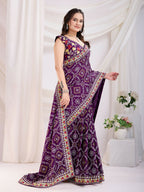 Voilet Vichitra Silk Bandhani Printed, Embroidery Work Saree - Ditya | Grocsy