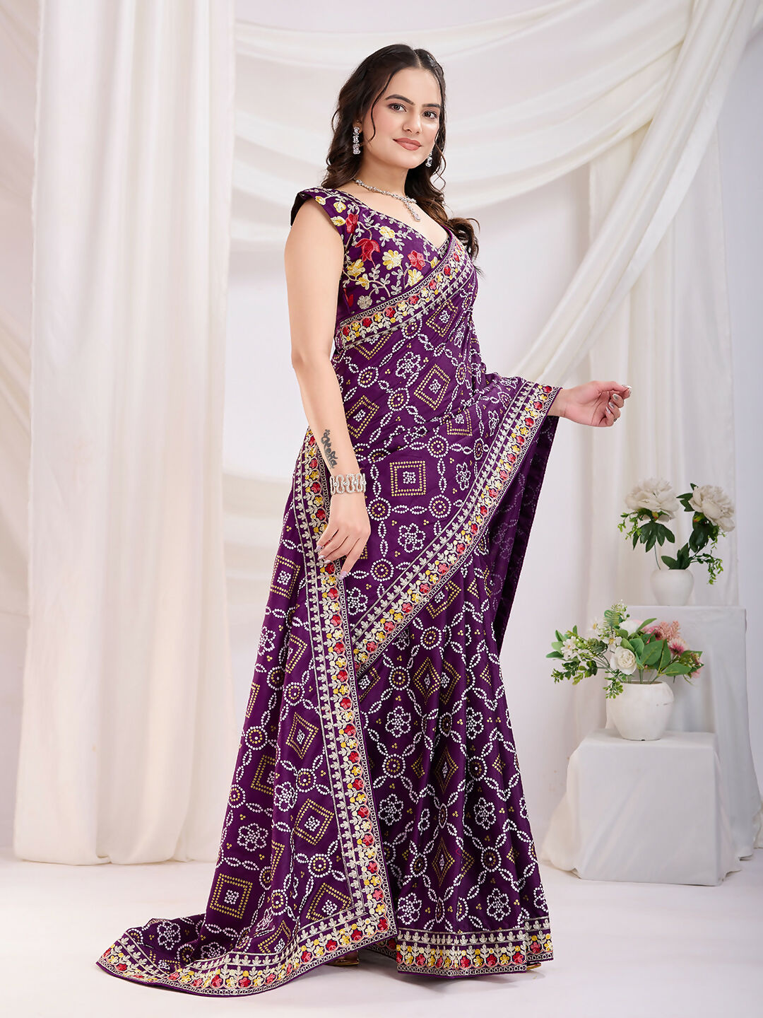 Voilet Vichitra Silk Bandhani Printed, Embroidery Work Saree - Ditya | Grocsy