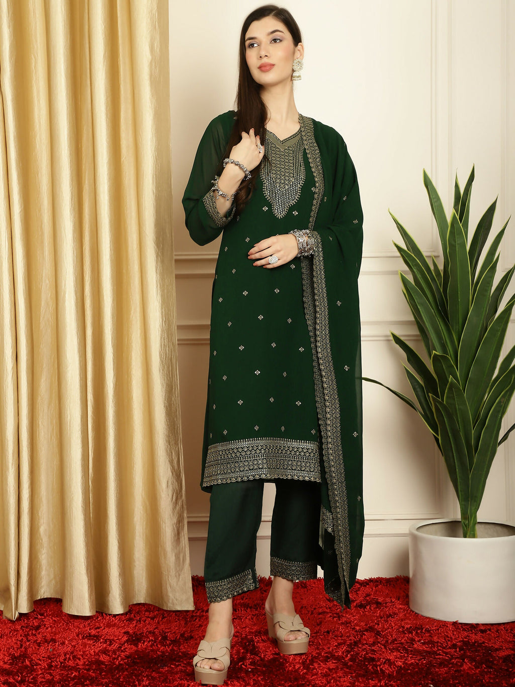 Jyoti Fashion Women's Green Georgette Resham Thread & Sequin Kurta with Trouser & Dupatta | Grocsy