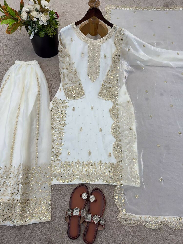 Teeya Creation White Color Fendy Silk Embroidery Work Wedding Wear Salwar Suit | Grocsy