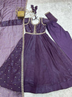 The52 Women's Beautiful Embroidery Work Crunchy Silk Fabric Flared Anarkali Pant and Dupatta Set | Grocsy