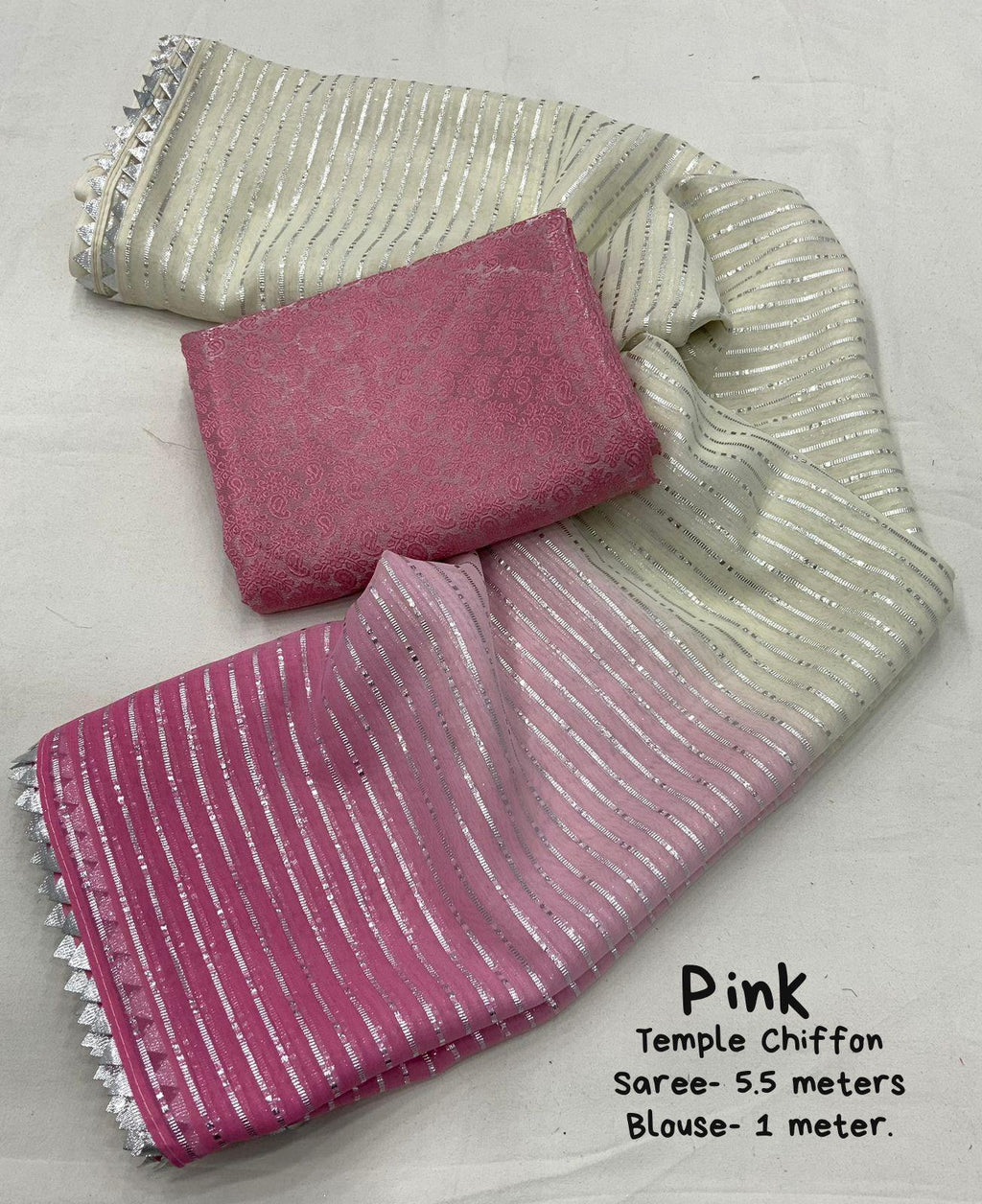 Pink Poly Chiffon Striped Saree with Unstitched Blouse - A2M | Grocsy