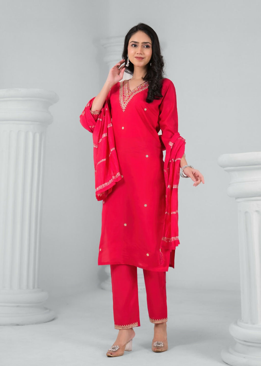 Ethnic Festive Wear Reyon Red Stitched Suit With Dupatta - Tanisha | Grocsy