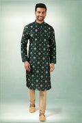 Raivat Ethnic Art Silk Printed Work Kurta Pajama In Green Colour | Grocsy