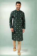 Raivat Ethnic Art Silk Printed Work Kurta Pajama In Green Colour | Grocsy