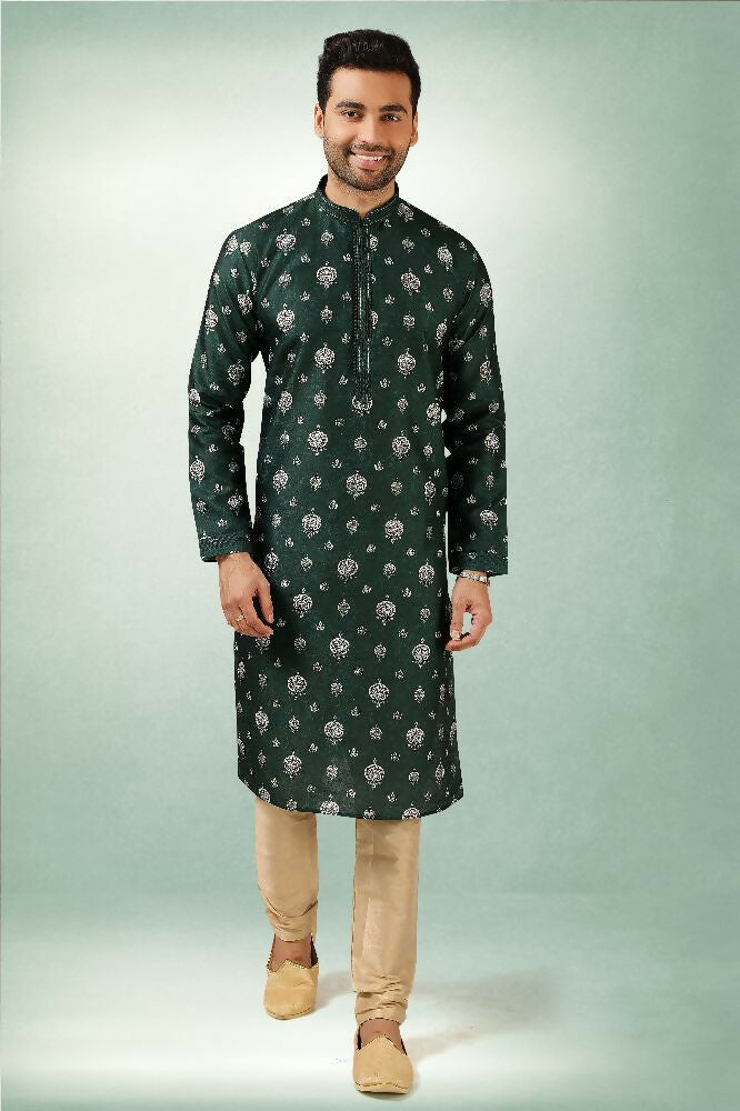 Raivat Ethnic Art Silk Printed Work Kurta Pajama In Green Colour | Grocsy