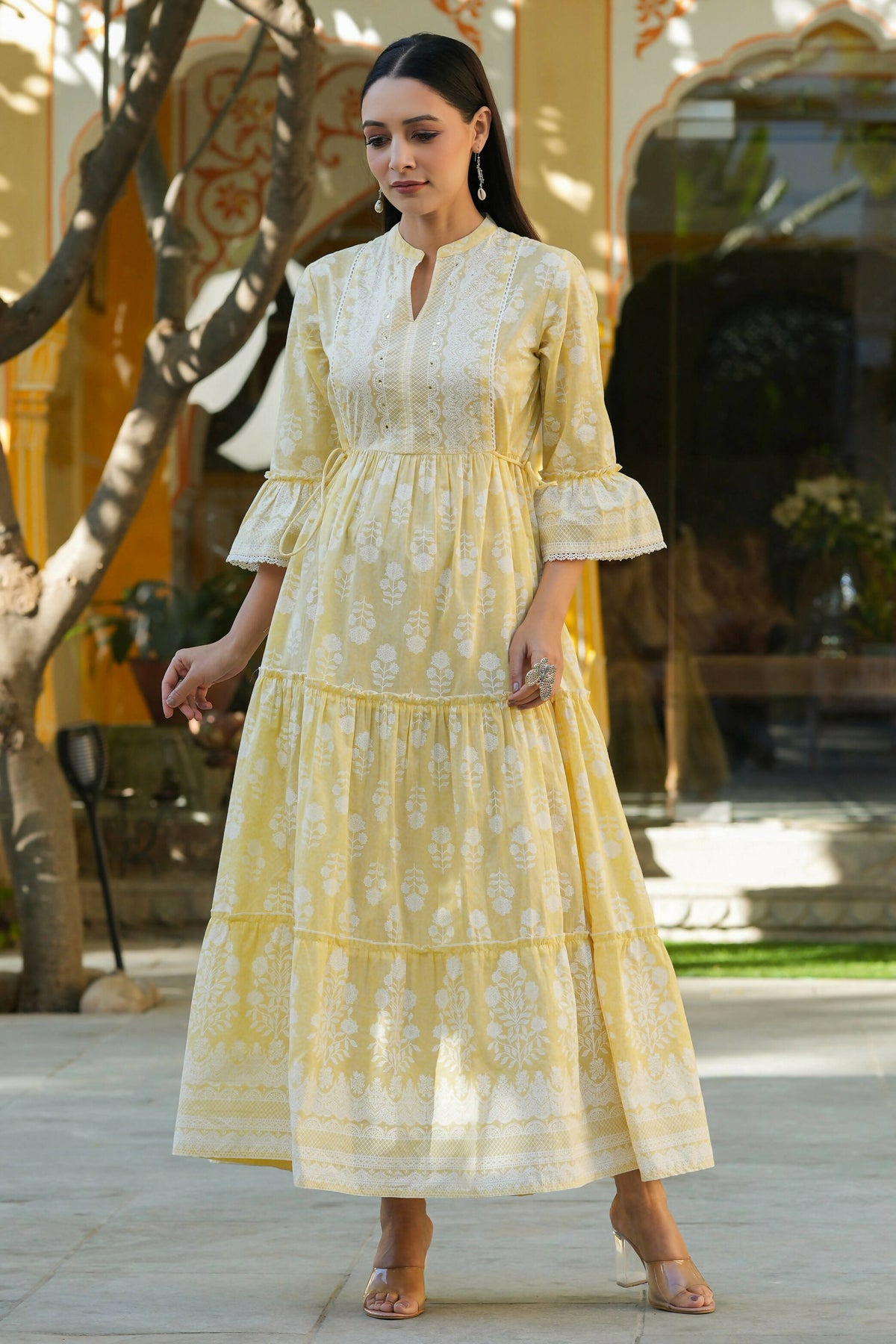 Juniper Women's Lemon Yellow Printed Teired Dress | Grocsy