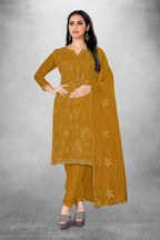 Mustard Heavy Organza Silk Embroidered Unstitched Dress Material - Amara | Grocsy
