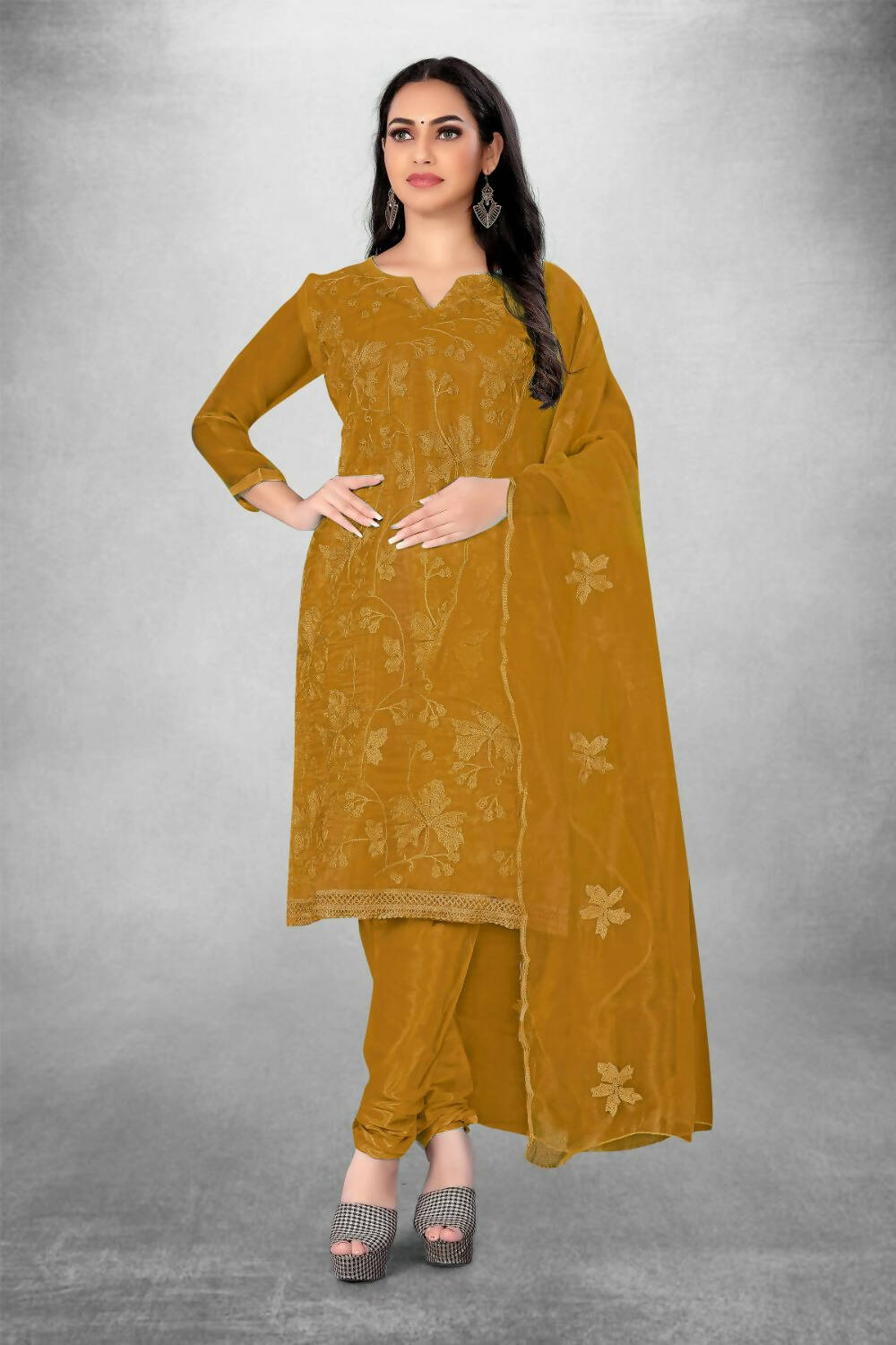 Mustard Heavy Organza Silk Embroidered Unstitched Dress Material - Amara | Grocsy