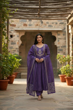 The52 Women's Beautiful Cotton Fabric Embroidery Work Flared Anarkali Pant and Dupatta Set | Grocsy