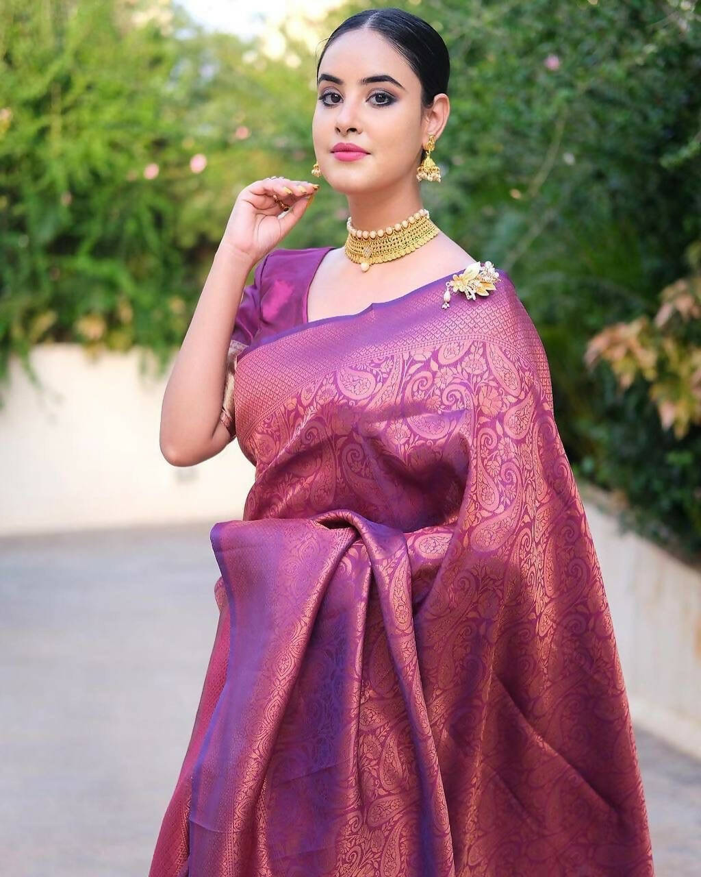 DEIANA'S Beautiful Designer Golden zari Soft Lichi Silk Saree - Purple | Grocsy