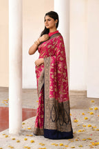 Joban Fashion Hot Pink Crepe Chiffon Pure Handloom Banarasi Silk Saree | Grocsy