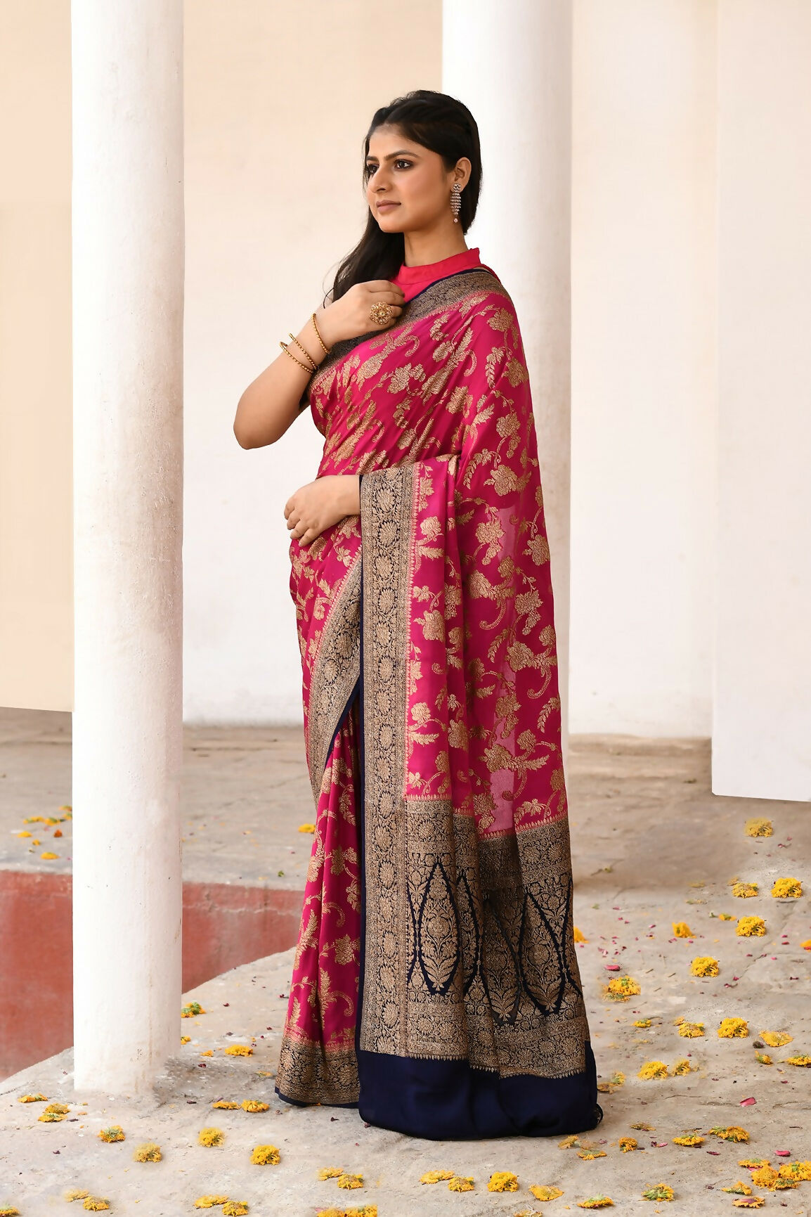 Joban Fashion Hot Pink Crepe Chiffon Pure Handloom Banarasi Silk Saree | Grocsy