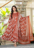 Jaimini Women Cotton Printed Round Neck 3/4 Sleeves Calf Length Flared Kurta Pant And Dupatta Set | Grocsy