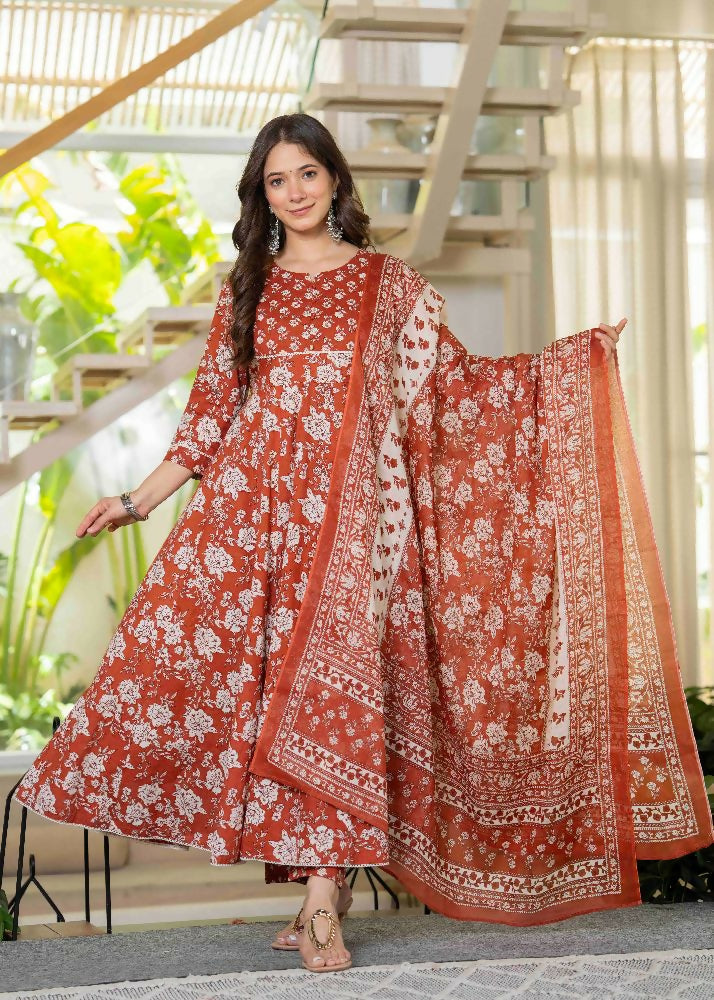 Jaimini Women Cotton Printed Round Neck 3/4 Sleeves Calf Length Flared Kurta Pant And Dupatta Set | Grocsy