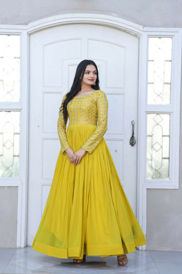Jyoti Fashion Women's Yellow Sequence Zari Embroidered Faux Blooming Anarkali Dress | Grocsy