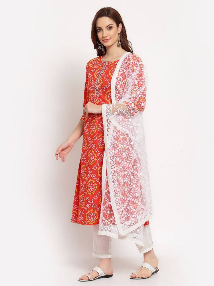 Myshka Women's Orange Printed Cotton 3/4 Sleeve Round Neck Casual Kurta Pant Dupatta Set | Grocsy