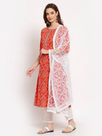 Myshka Women's Orange Printed Cotton 3/4 Sleeve Round Neck Casual Kurta Pant Dupatta Set | Grocsy