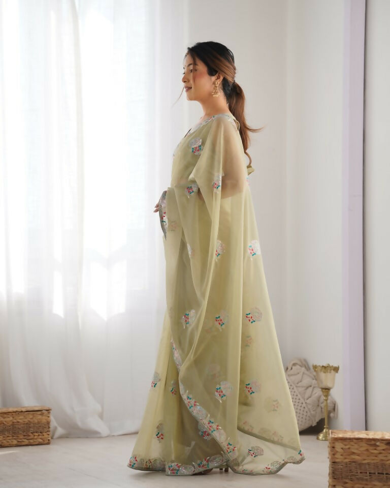 Pista Gold Twill Net Multy Thread, Sequance Embroidery Work Saree - Kriti | Grocsy